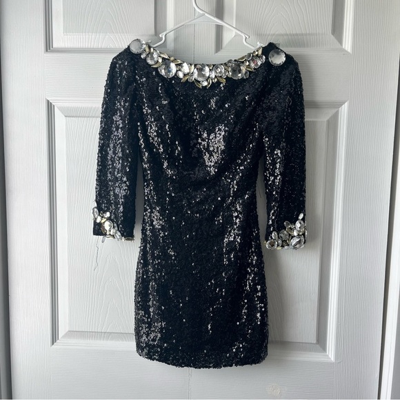 Alyce Paris Black Sequin Open Back Prom Mini Dress Formal Size 0 Flaws - Picture 2 of 7